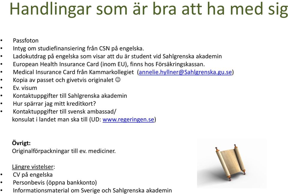 Medical Insurance Card från Kammarkollegiet (annelie.hyllner@sahlgrenska.gu.se) Kopia av passet och givetvis originalet Ev.