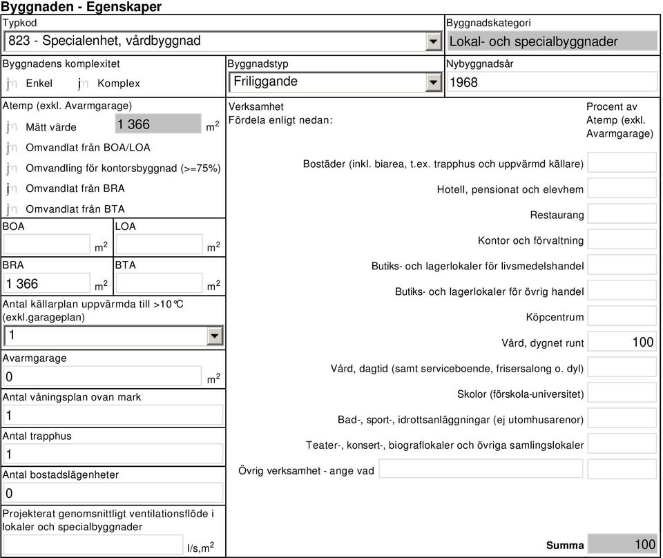 garageplan) 1 Avarmgarage 0 Antal våningsplan ovan mark 1 Antal trapphus 1 Antal bostadslägenheter 0 Projekterat genomsnittligt ventilationsflöde i lokaler och specialbyggnader Verksamhet Fördela