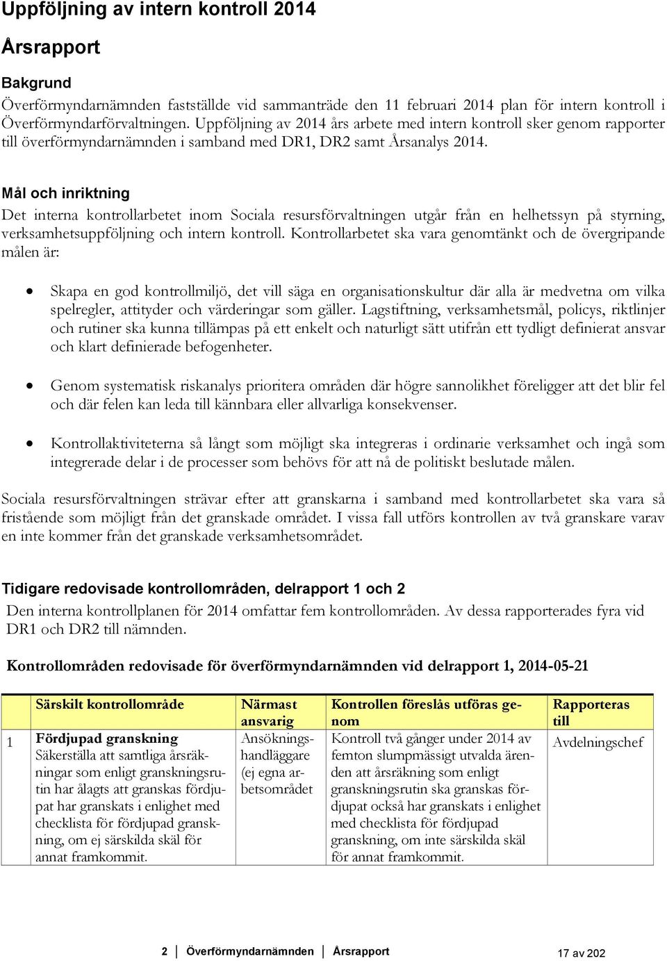 Mål och inriktning Det interna kontrollarbetet inom Sociala resursförvaltningen utgår från en helhetssyn på styrning, verksamhetsuppföljning och intern kontroll.