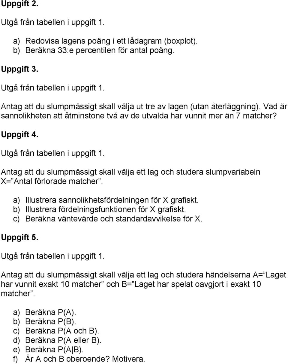 Antag att du slumpmässigt skall välja ett lag och studera slumpvariabeln X Antal förlorade matcher. a) Illustrera sannolikhetsfördelningen för X grafiskt.