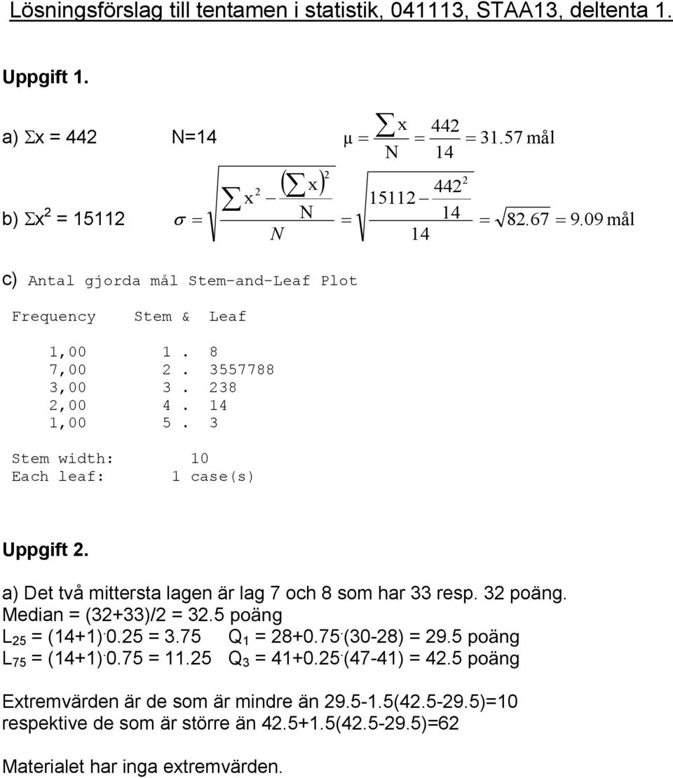 Stem width: 0 Each leaf: case(s) Uppgift. a) Det två mittersta lagen är lag och 8 som har resp. poäng. Median (+)/.5 poäng L 5 (+). 0.5.5 Q 8+0.