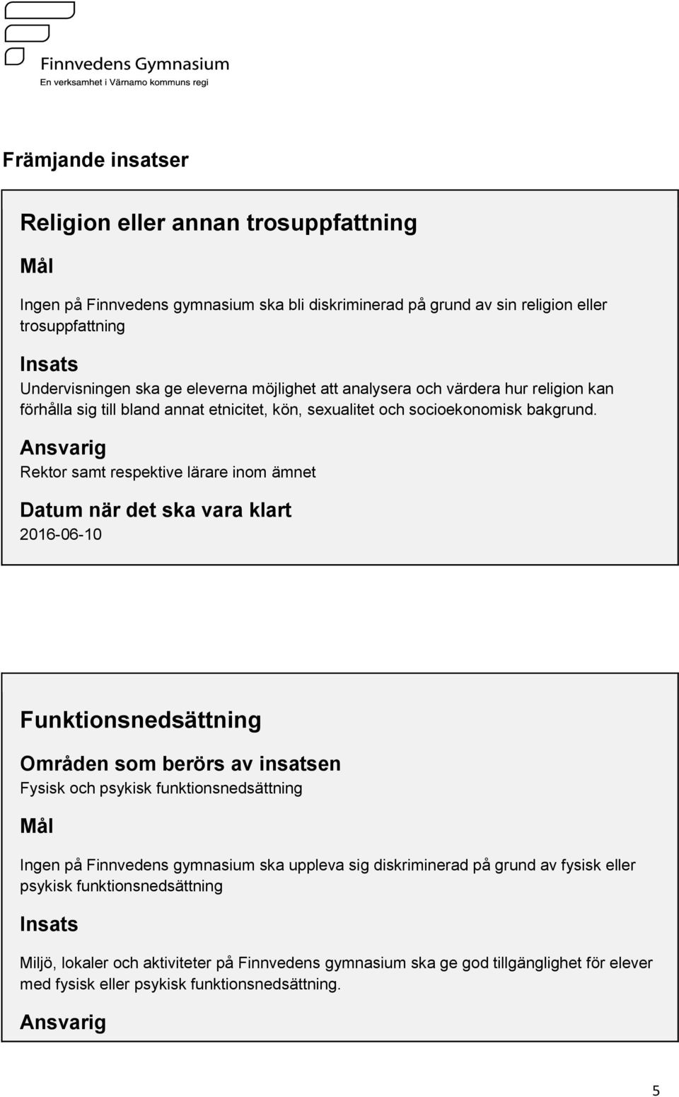 Rektor samt respektive lärare inom ämnet Datum när det ska vara klart Funktionsnedsättning Områden som berörs av insatsen Fysisk och psykisk funktionsnedsättning Ingen på Finnvedens