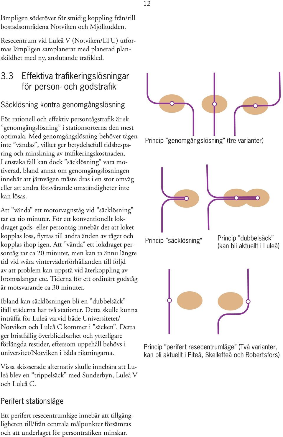 3 Effektiva trafikeringslösningar för person- och godstrafik Säcklösning kontra genomgångslösning För rationell och effektiv persontågstrafik är sk genomgångslösning i stationsorterna den mest