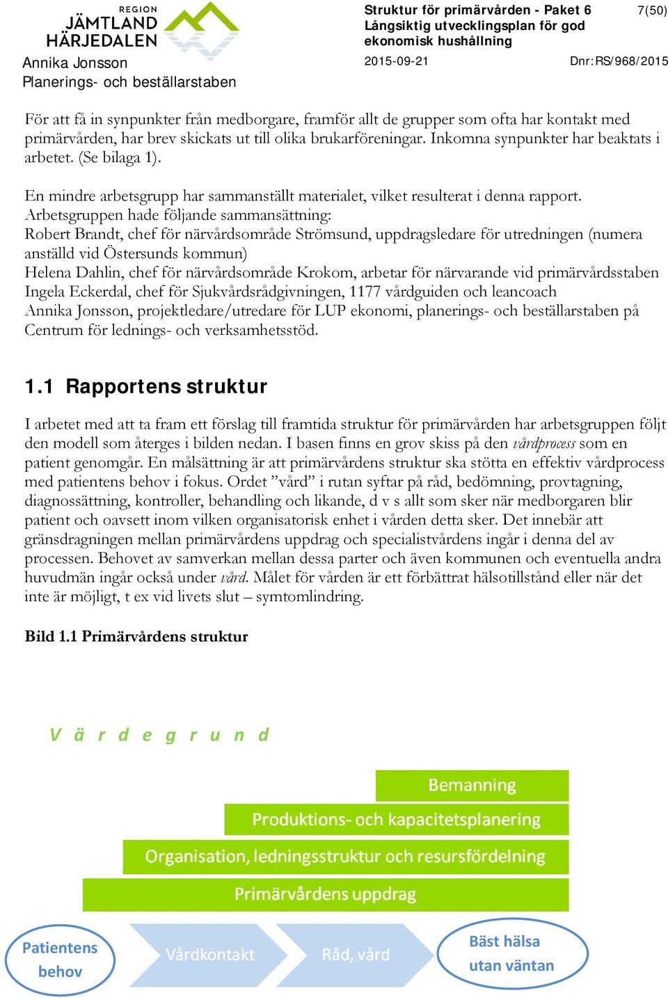 Arbetsgruppen hade följande sammansättning: Robert Brandt, chef för närvårdsområde Strömsund, uppdragsledare för utredningen (numera anställd vid Östersunds kommun) Helena Dahlin, chef för