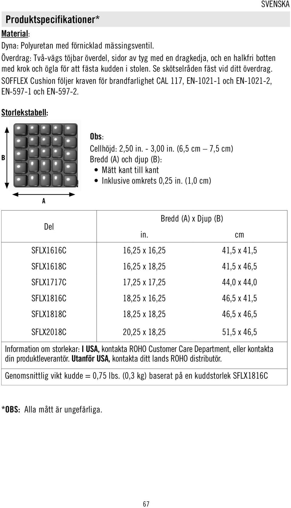 SOFFLEX Cushion följer kraven för brandfarlighet CAL 117, EN-1021-1 och EN-1021-2, EN-597-1 och EN-597-2. Storlekstabell: B Obs: Cellhöjd: 2,50 in. - 3,00 in.