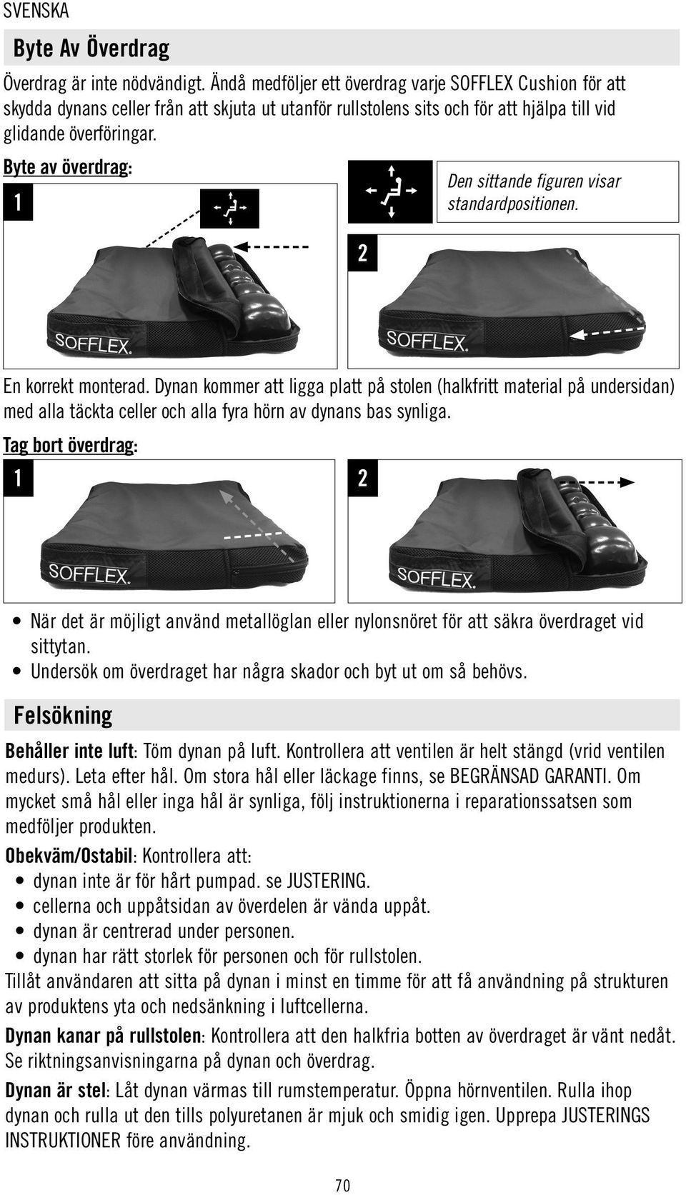 Byte av överdrag: Den sittande figuren visar 1 standardpositionen. 2 En korrekt monterad.