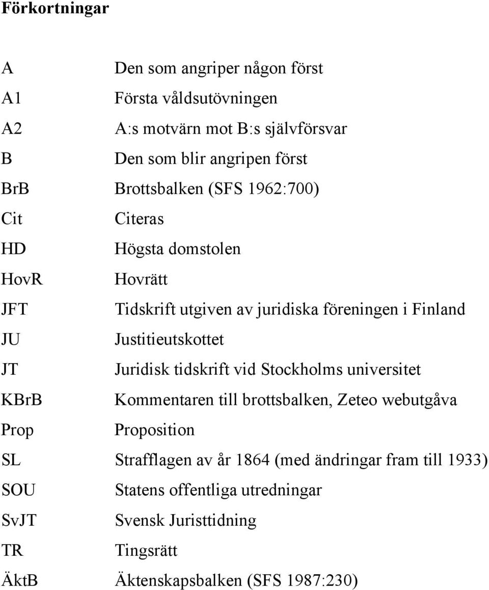 Justitieutskottet JT Juridisk tidskrift vid Stockholms universitet KBrB Kommentaren till brottsbalken, Zeteo webutgåva Prop Proposition SL