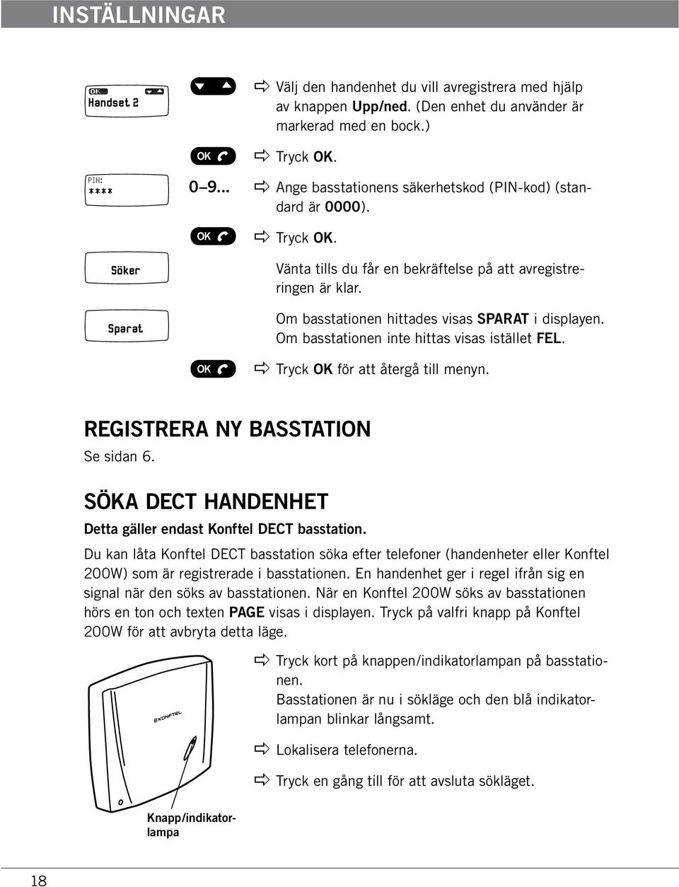 Om basstationen inte hittas visas istället FEL. apple Tryck OK för att återgå till menyn. Registrera ny basstation Se sidan 6. Söka DECT handenhet Detta gäller endast Konftel DECT basstation.