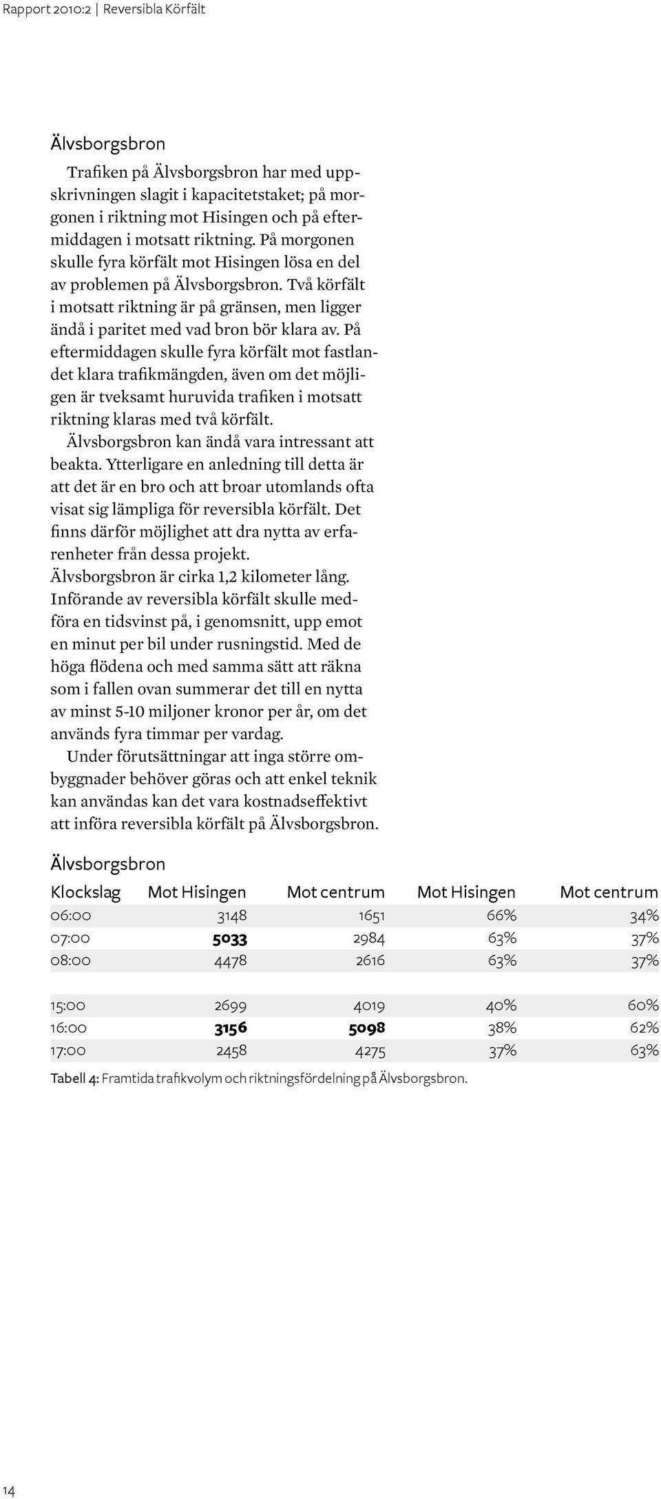 På eftermiddagen skulle fyra körfält mot fastlandet klara trafikmängden, även om det möjligen är tveksamt huruvida trafiken i motsatt riktning klaras med två körfält.