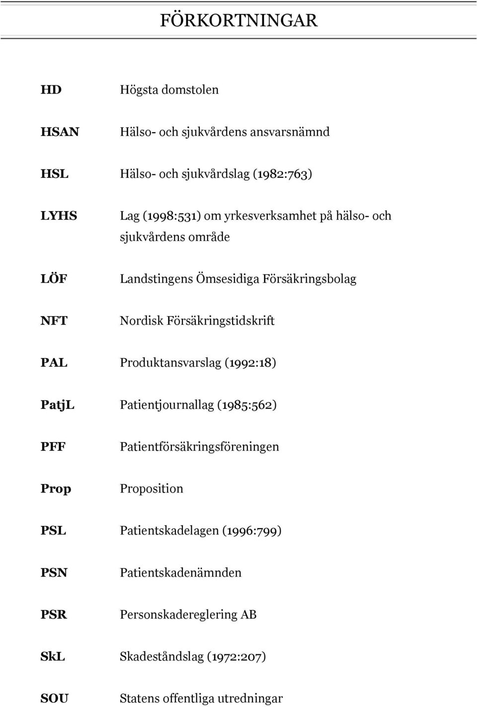 Försäkringstidskrift PAL Produktansvarslag (1992:18) PatjL Patientjournallag (1985:562) PFF Patientförsäkringsföreningen Prop