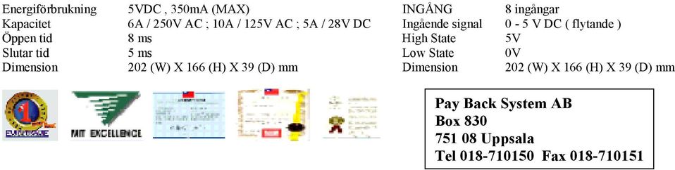 Slutar tid 5 ms Low State 0V Dimension 202 (W) X 166 (H) X 39 (D) mm Dimension 202 (W) X