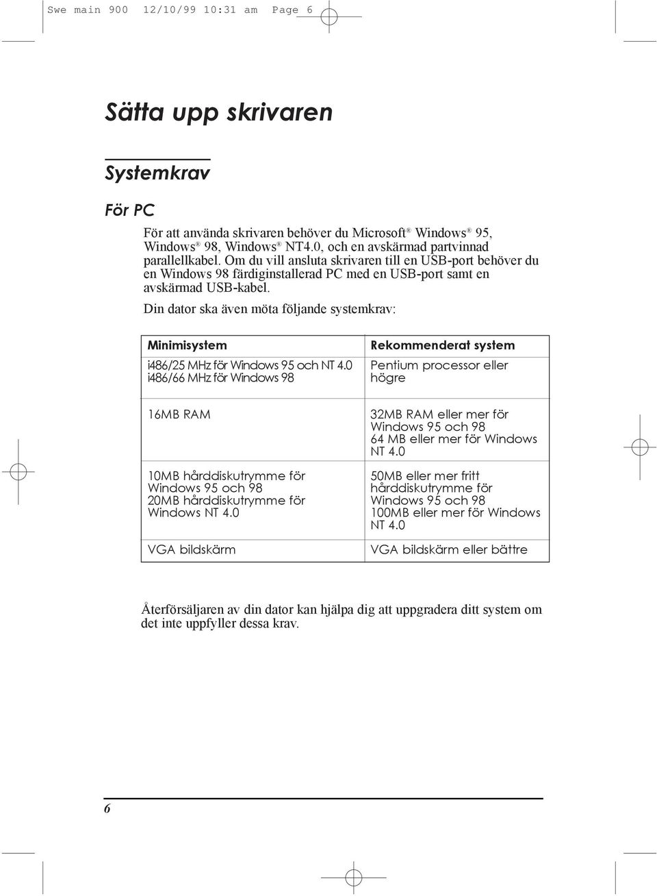 Din dator ska Šven mšta fšljande systemkrav: Minimisystem i486/25 MHz fšr Windows 95 och NT 4.