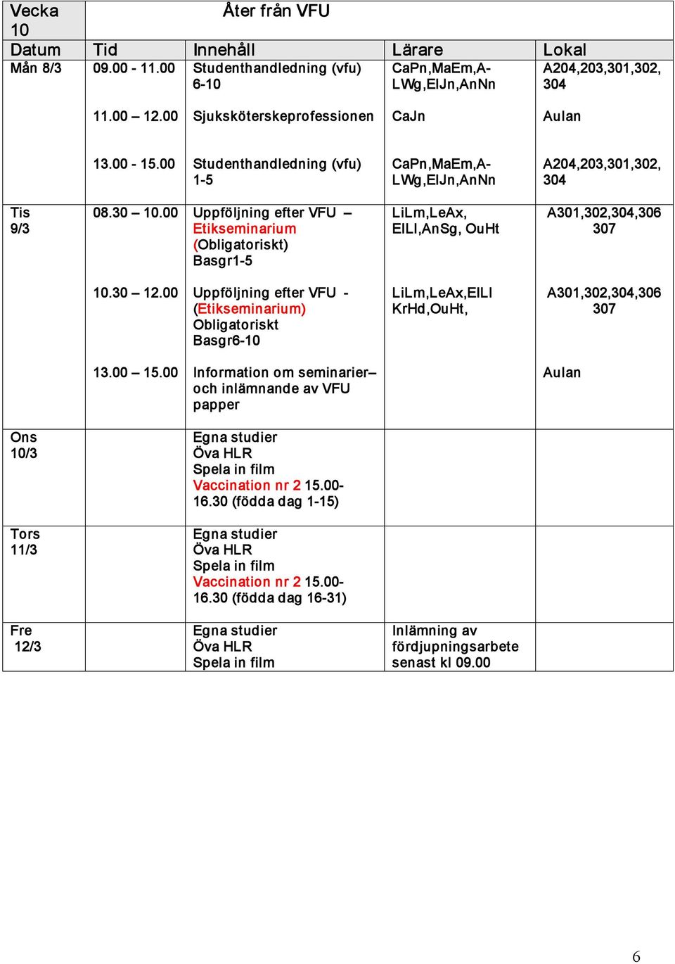 Uppföljning efter VFU (Etikseminarium) Obligatoriskt Basgr6 10 ElLl KrHd,OuHt, A301,302,304,306 307 13.00 15.