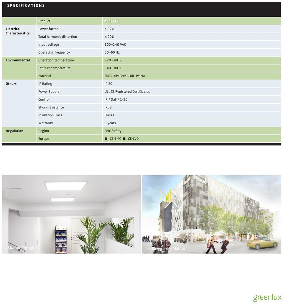 SECC, LGP: PMMA, DIF: PMMA Others IP Rating IP 20 Power Supply UL, CE Registered Certificates Control IR / Dali / 1-10 Shock