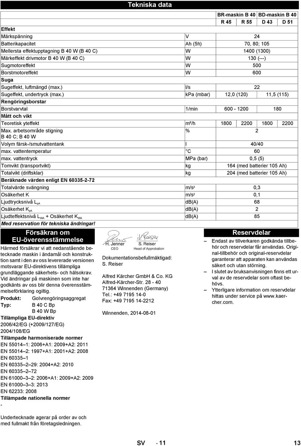 Produkt: Golvrengöringsaggregat Typ: B 40 C Bp B 40 W Bp Tillämpliga EU-direktiv 2006/42/EG (+2009/127/EG) 2004/108/EG Tillämpade harmoniserade normer EN 55014 1: 2006+A1: 2009+A2: 2011 EN 55014 2: