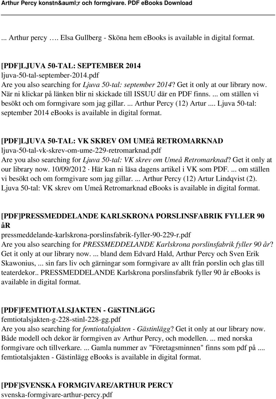 ... om ställen vi besökt och om formgivare som jag gillar.... Arthur Percy (12) Artur... Ljuva 50-tal: september 2014 ebooks is available in digital format.