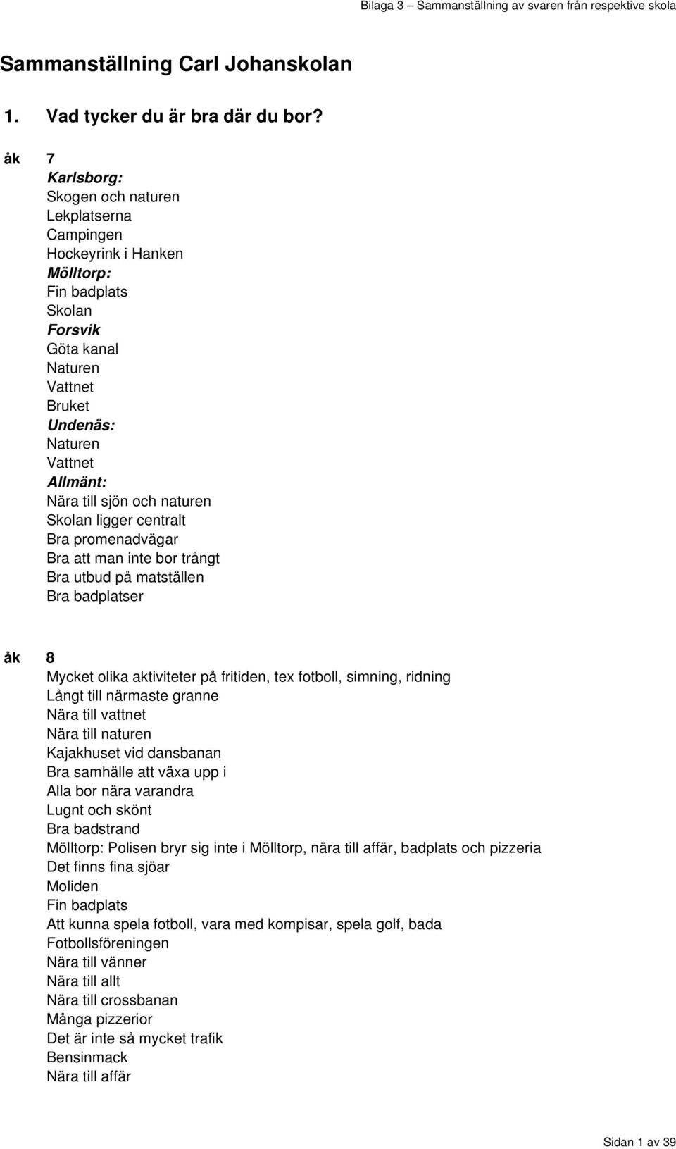 och naturen Skolan ligger centralt Bra promenadvägar Bra att man inte bor trångt Bra utbud på matställen Bra badplatser åk 8 Mycket olika aktiviteter på fritiden, tex fotboll, simning, ridning Långt