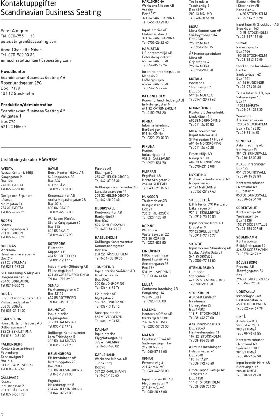 Utställningslokaler HÅG/RBM AVESTA Avesta Kontor & Miljö Kungsgatan 9 Box 124 774 30 AVESTA Tel 0226-550 00 Design och Ergonomi i Avesta Malmgatan 14 774 30 AVESTA Tel 0226-525 75 BODEN Kontex