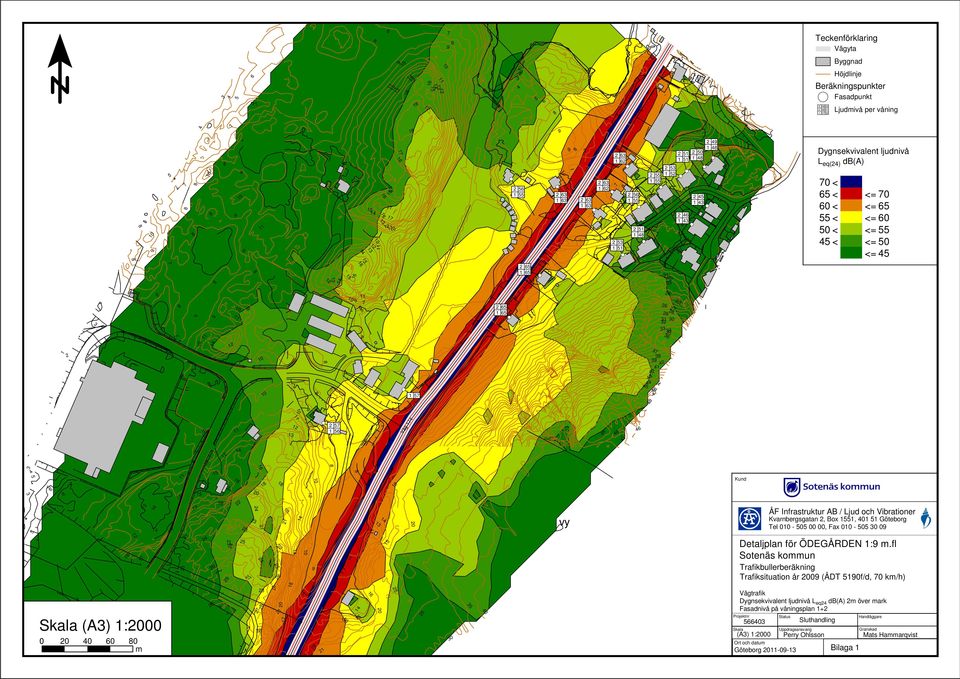 Trafikbullerberäkning Trafiksituation år 0 (ÅDT f/d, 0 km/h) Vägtrafik Dygnsekvivalent ljudnivå L eq db(a) m över mark Fasadnivå på våningsplan + (A) :00