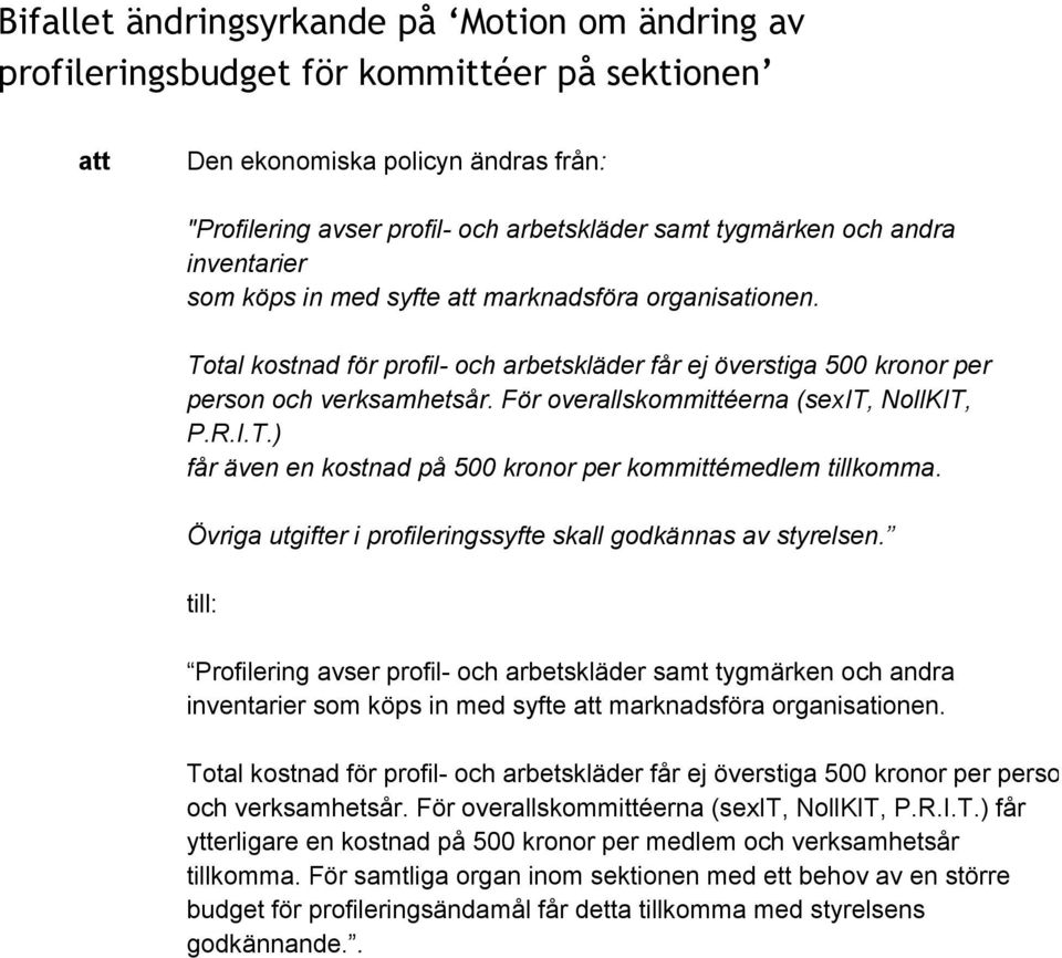 För overallskommittéerna (sexit, NollKIT, P.R.I.T.) får även en kostnad på 500 kronor per kommittémedlem tillkomma. Övriga utgifter i profileringssyfte skall godkännas av styrelsen.