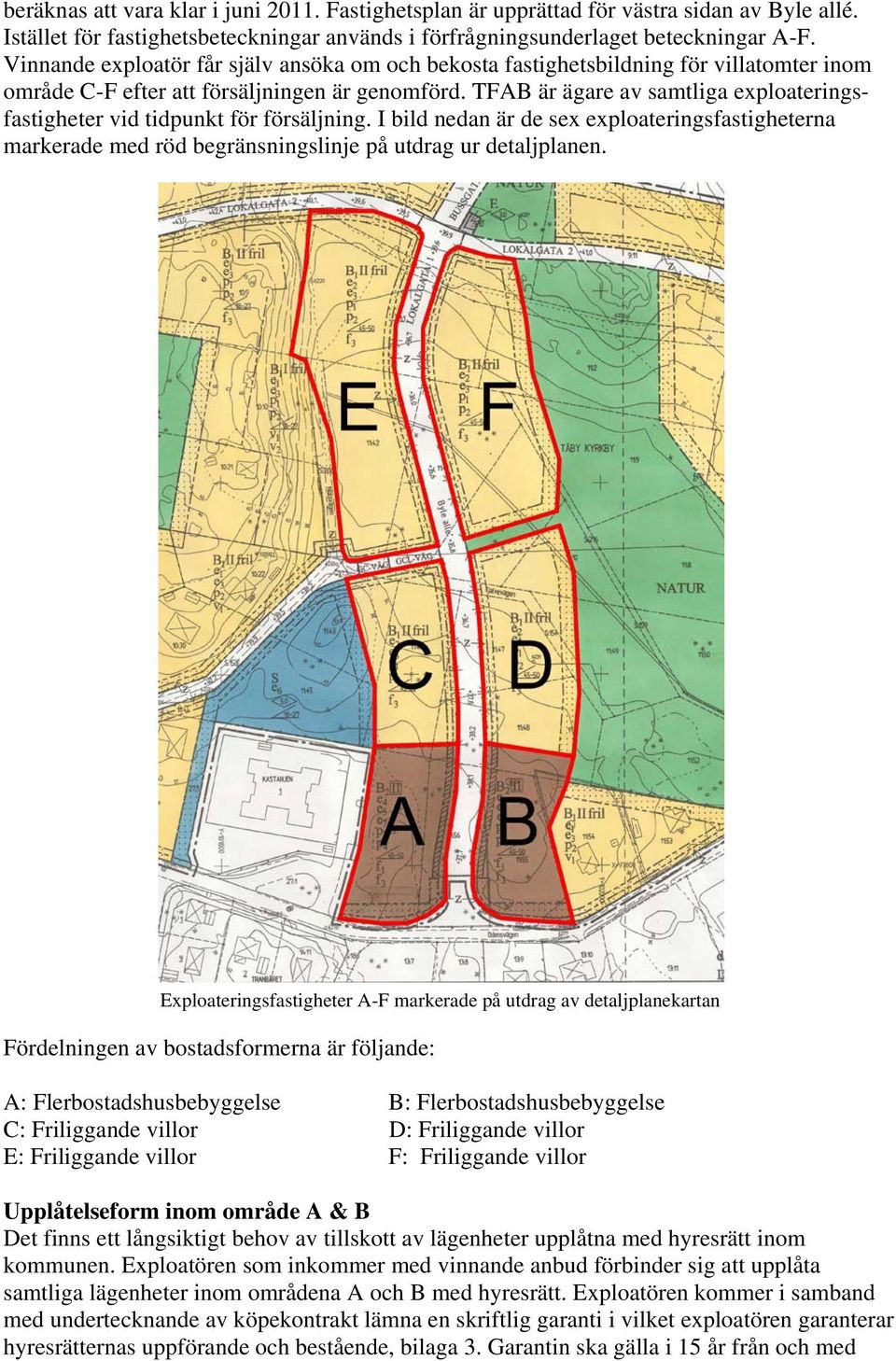 TFAB är ägare av samtliga exploateringsfastigheter vid tidpunkt för försäljning. I bild nedan är de sex exploateringsfastigheterna markerade med röd begränsningslinje på utdrag ur detaljplanen.