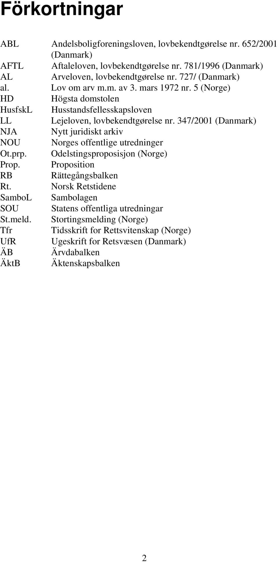 5 (Norge) HD Högsta domstolen HusfskL Husstandsfellesskapsloven LL Lejeloven, lovbekendtgørelse nr.