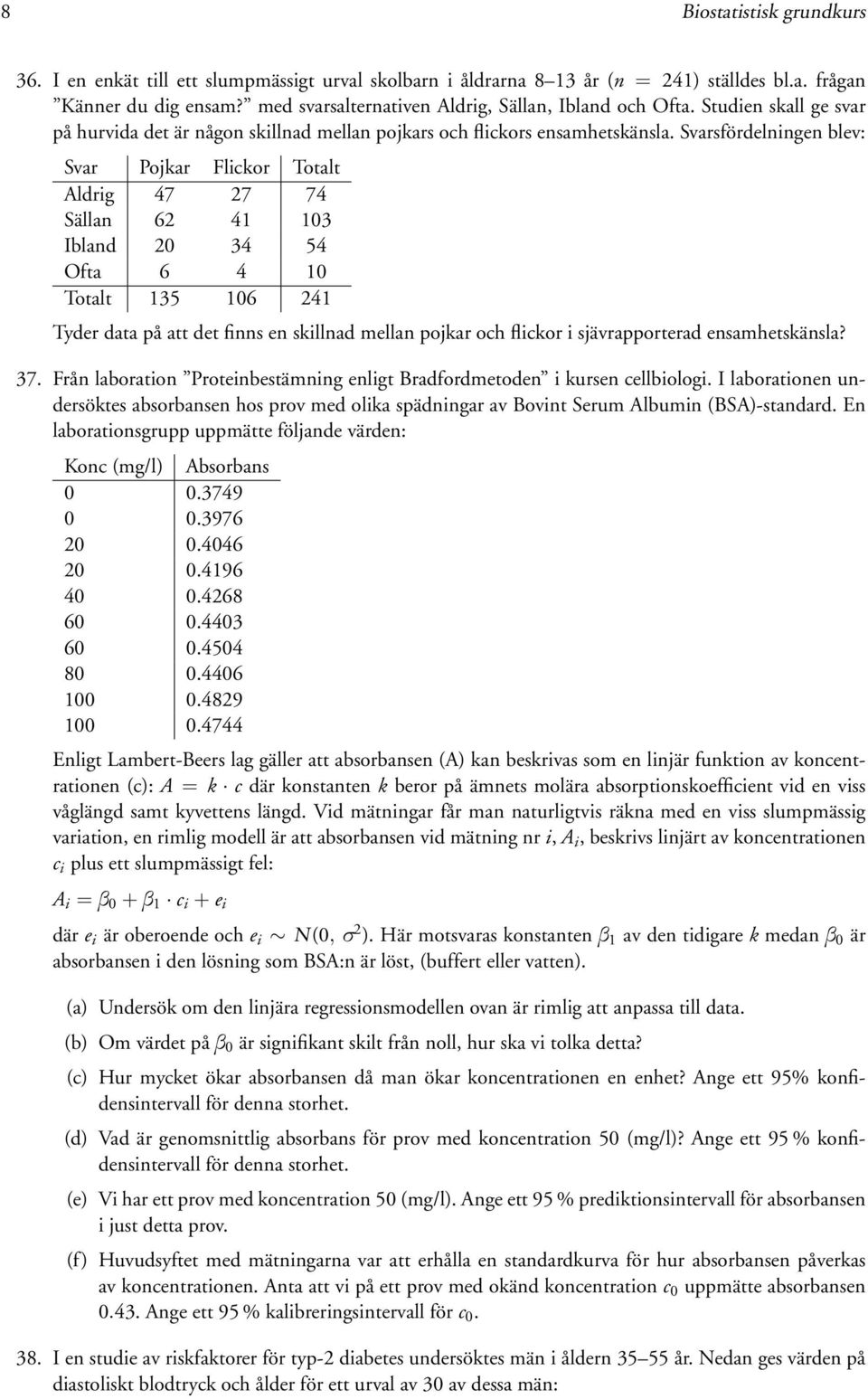 Svarsfördelningen blev: Svar Pojkar Flickor Totalt Aldrig 47 27 74 Sällan 62 41 103 Ibland 20 34 54 Ofta 6 4 10 Totalt 135 106 241 Tyder data på att det finns en skillnad mellan pojkar och flickor i