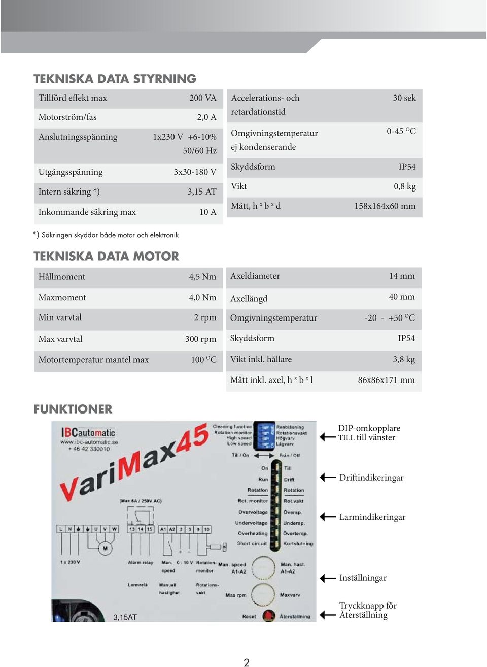 TEKNISKA DATA MOTOR Hållmoment 4,5 Nm Axeldiameter 14 mm Maxmoment 4,0 Nm Axellängd 40 mm Min varvtal 2 rpm Omgivningstemperatur -20 - +50 O C Max varvtal 300 rpm Skyddsform IP54 Motortemperatur