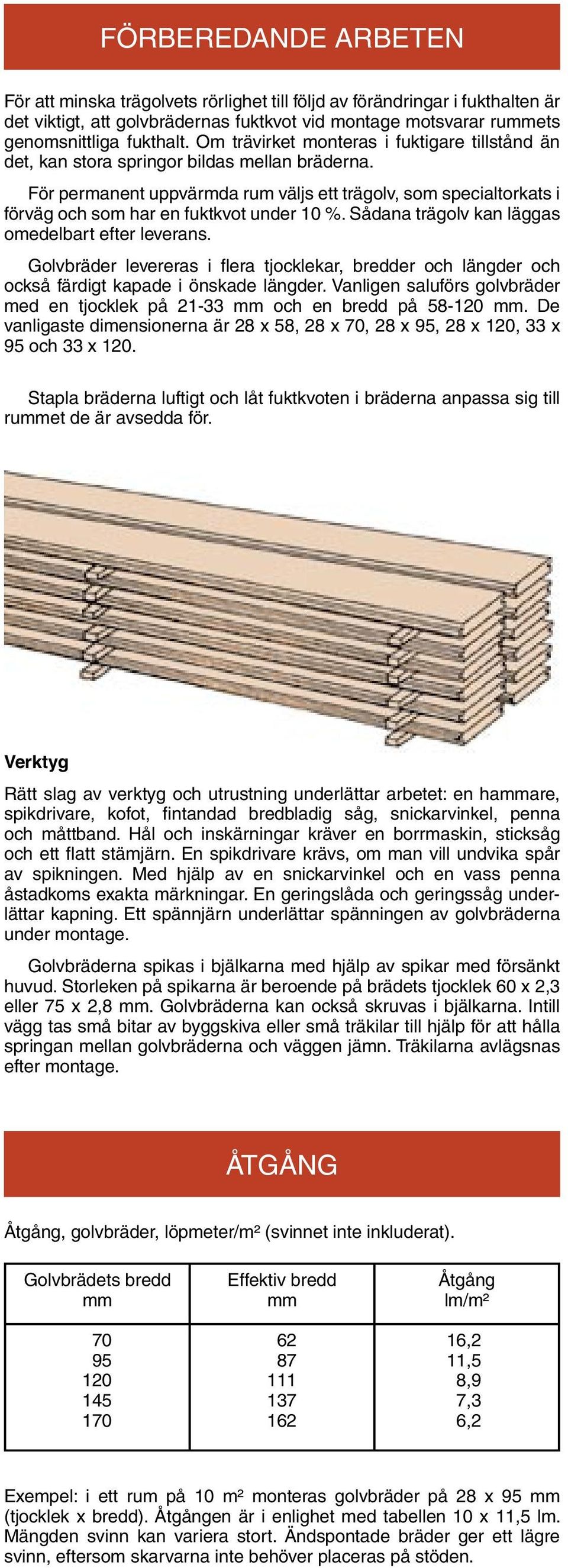 För permanent uppvärmda rum väljs ett trägolv, som specialtorkats i förväg och som har en fuktkvot under 10 %. Sådana trägolv kan läggas omedelbart efter leverans.