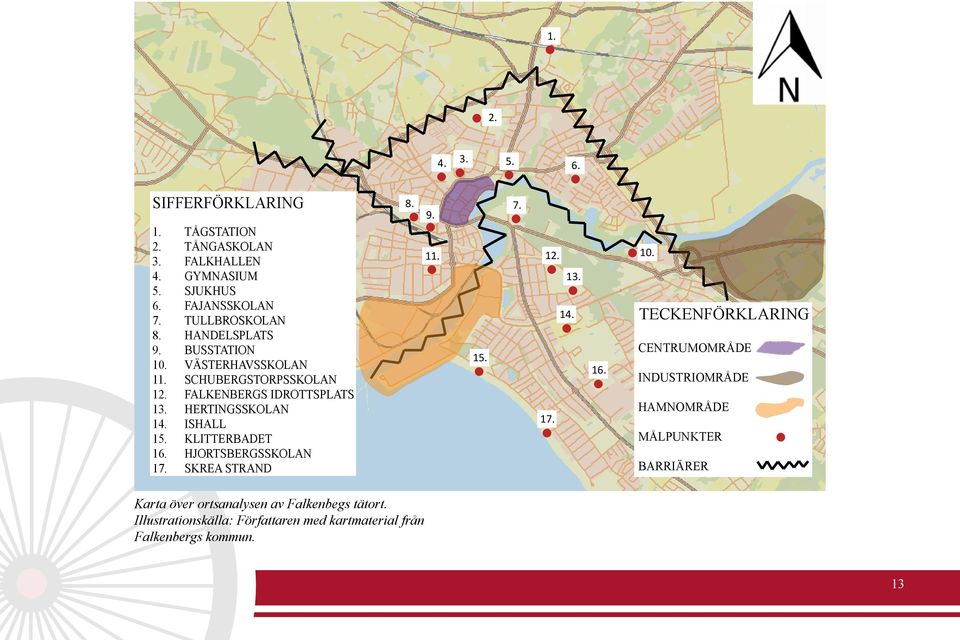 KLITTERBADET 16. HJORTSBERGSSKOLAN 17. SKREA STRAND Karta över ortsanalysen av Falkenbegs tätort.