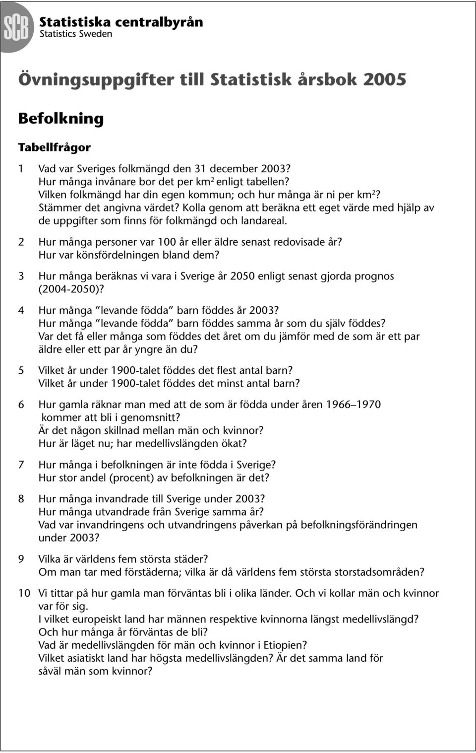 2 Hur många personer var 100 år eller äldre senast redovisade år? Hur var könsfördelningen bland dem? 3 Hur många beräknas vi vara i Sverige år 2050 enligt senast gjorda prognos (2004-2050)?