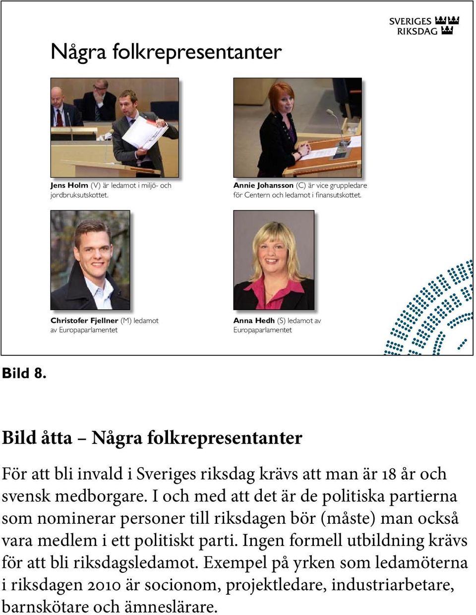Bild åtta Några folkrepresentanter För att bli invald i Sveriges riksdag krävs att man är 18 år och svensk medborgare.
