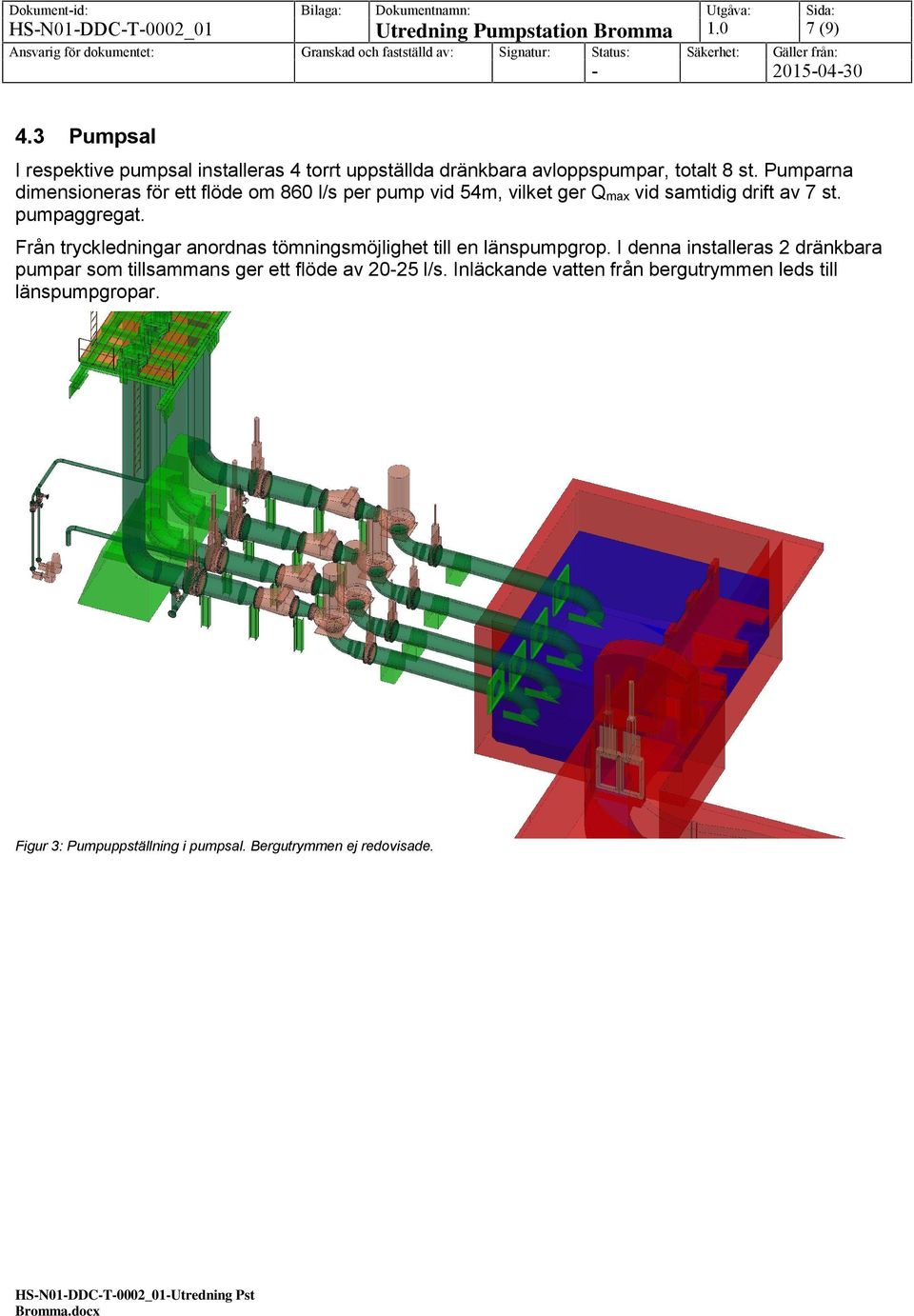 Pumparna dimensioneras för ett flöde om 860 l/s per pump vid 54m, vilket ger Q max vid samtidig drift av 7 st. pumpaggregat.