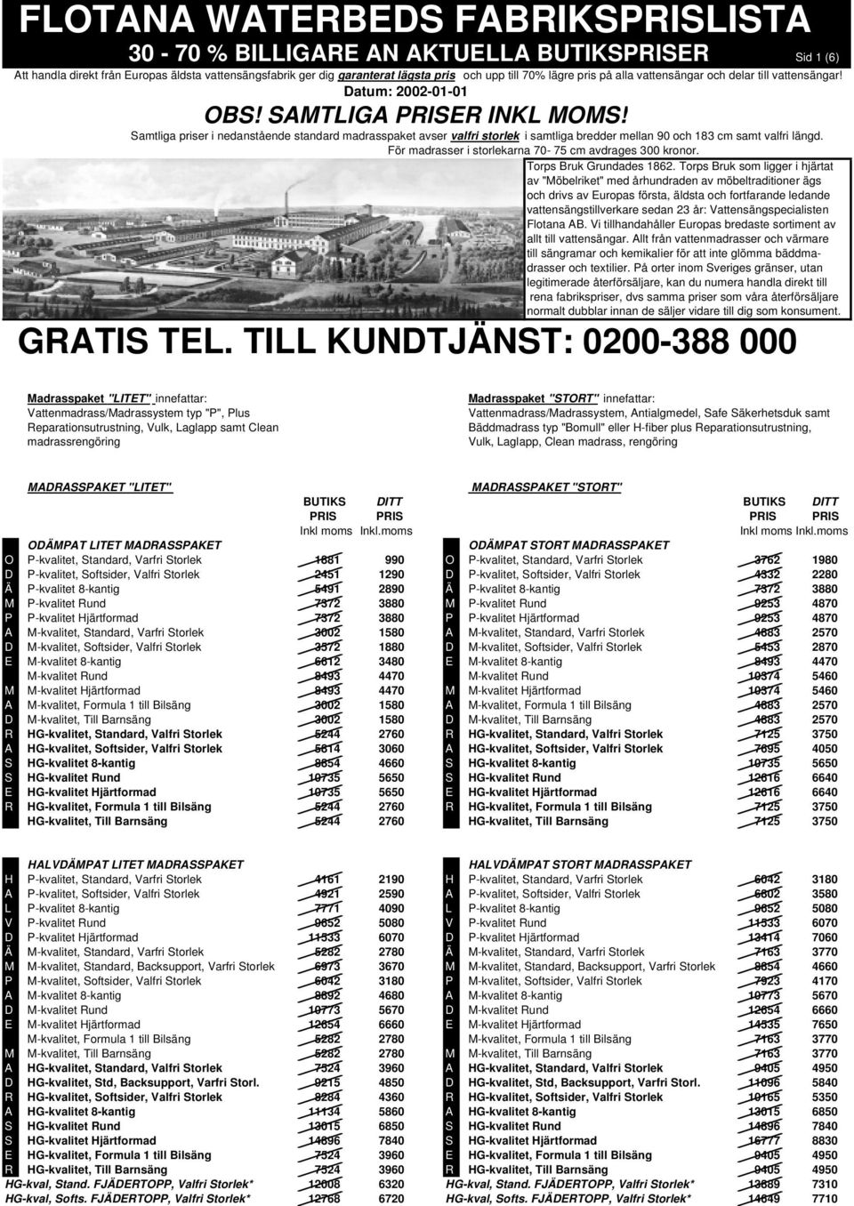 Samtliga priser i nedanstående standard madrasspaket avser valfri storlek i samtliga bredder mellan 90 och 183 cm samt valfri längd. För madrasser i storlekarna 70-75 cm avdrages 300 kronor.