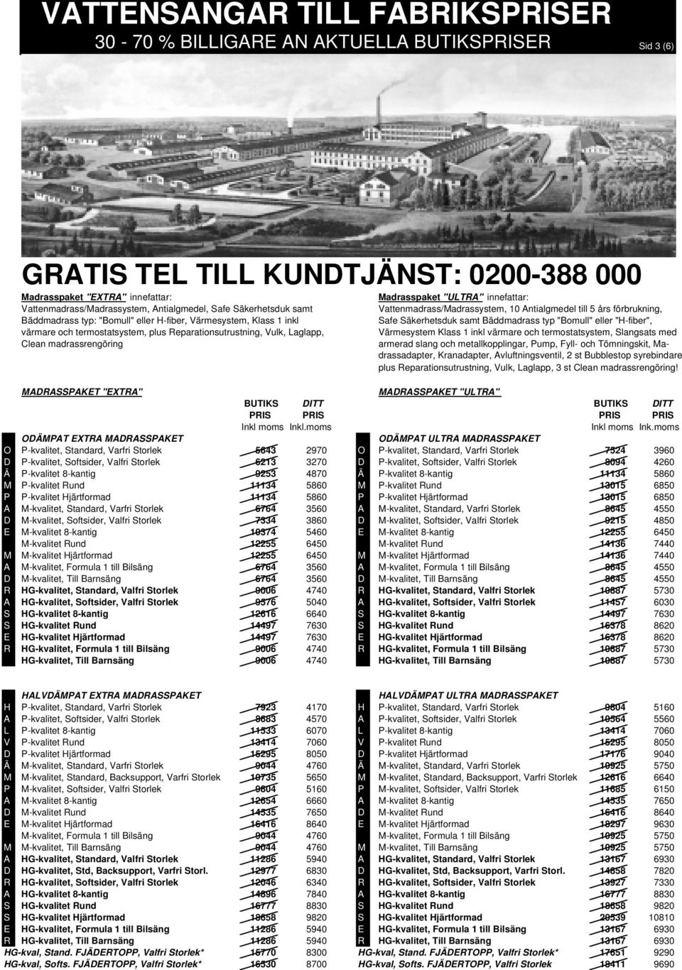 Madrasspaket "ULTRA" innefattar: Vattenmadrass/Madrassystem, 10 Antialgmedel till 5 års förbrukning, Safe Säkerhetsduk samt Bäddmadrass typ "Bomull" eller "H-fiber", Värmesystem Klass 1 inkl värmare