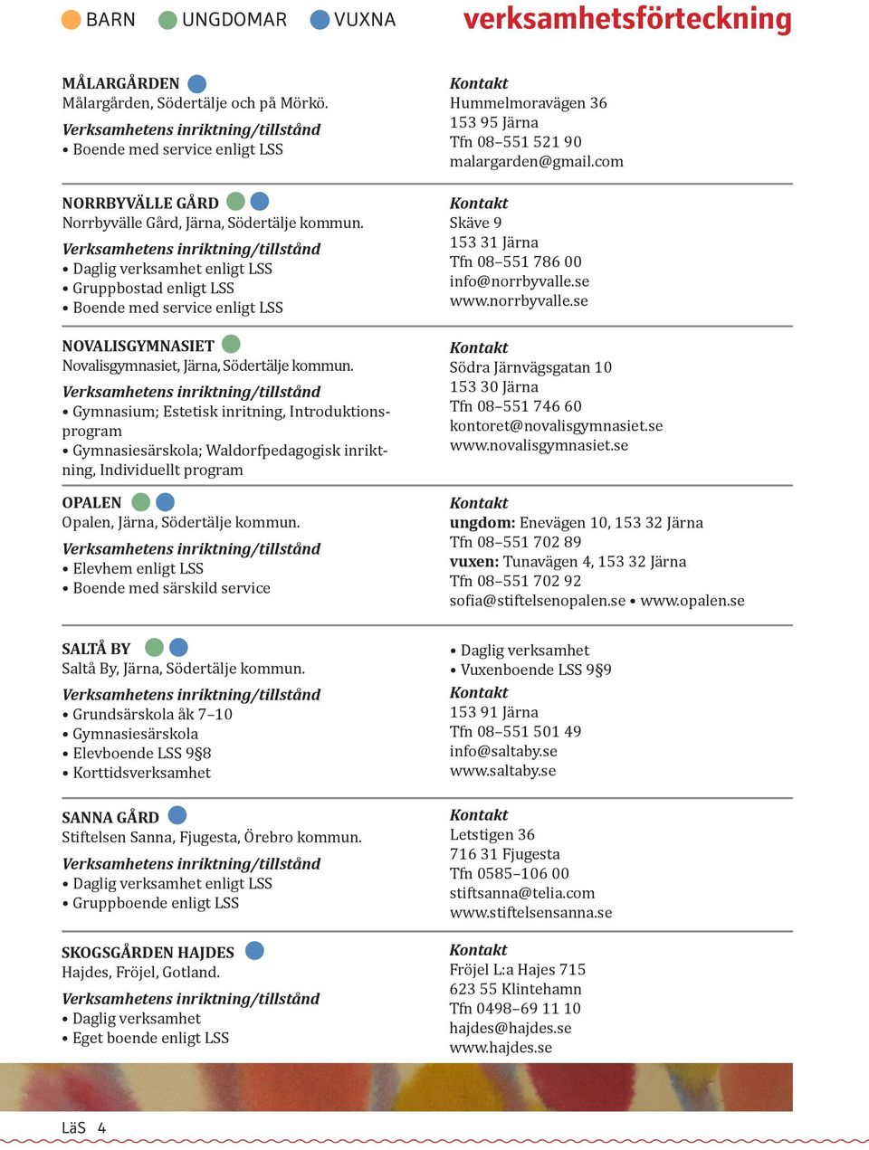 Gymnasium; Estetisk inritning, Introduktionsprogram ; Waldorfpedagogisk inriktning, Individuellt program OPALEN Opalen, Järna, Södertälje kommun.