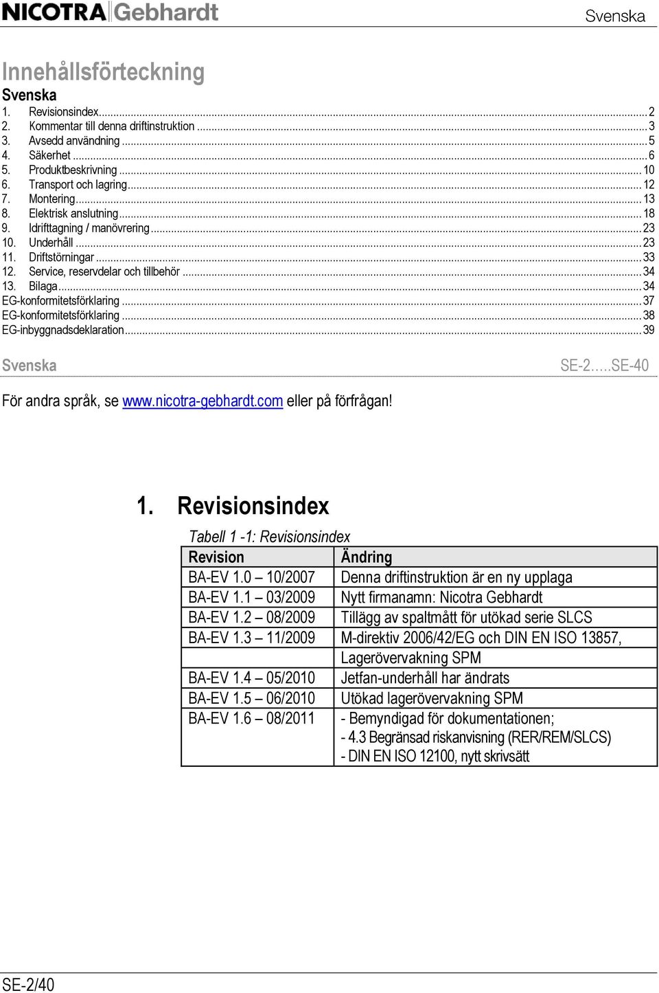 .. 34 EG-konformitetsförklaring... 37 EG-konformitetsförklaring... 38 EG-inbyggnadsdeklaration... 39 Svenska SE-2..SE-40 För andra språk, se www.nicotra-gebhardt.com eller på förfrågan! 1.