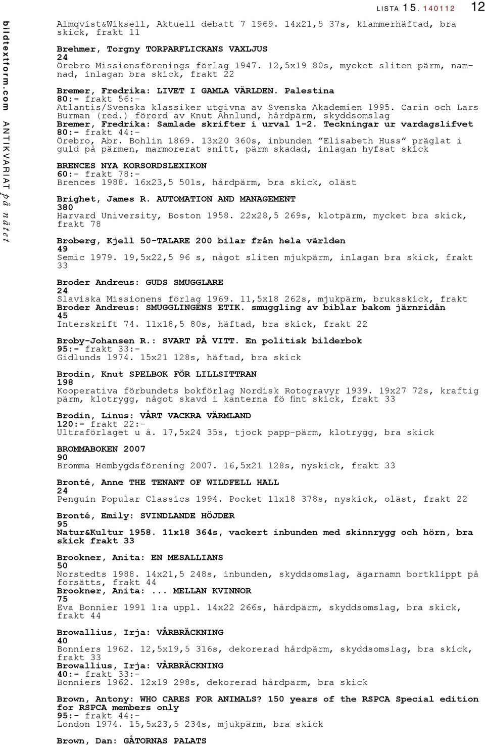 Carin och Lars Burman (red.) förord av Knut Ahnlund, hårdpärm, skyddsomslag Bremer, Fredrika: Samlade skrifter i urval 1-2. Teckningar ur vardagslifvet 80:- frakt 44:- Örebro, Abr. Bohlin 1869.