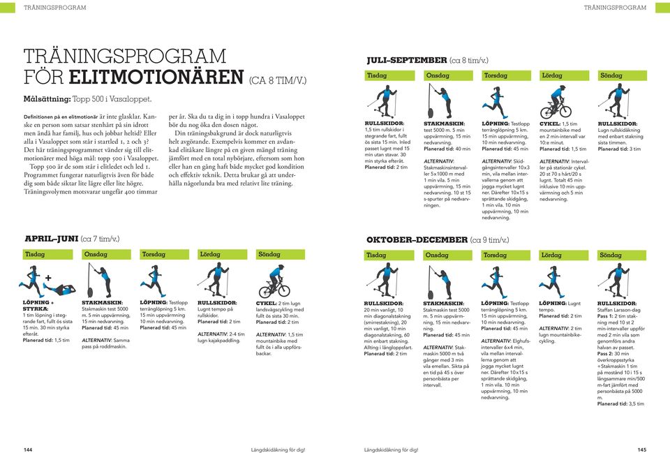 Det här träningsprogrammet vänder sig till elitmotionärer med höga mål: topp 500 i Vasaloppet. Topp 500 är de som står i elitledet och led 1.