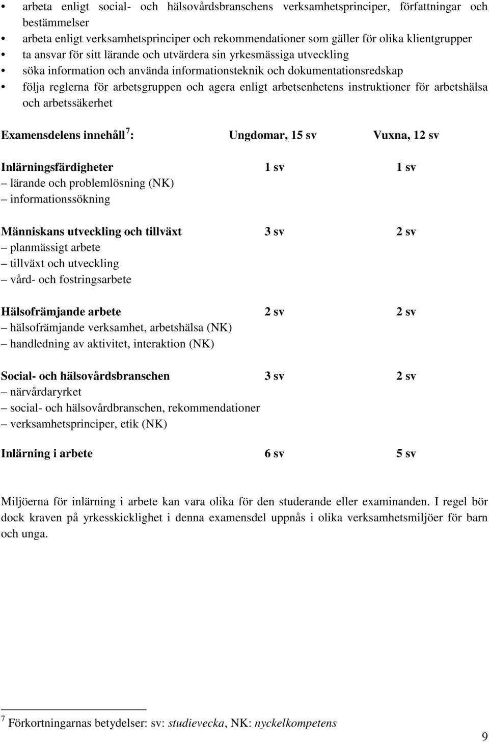 arbetsenhetens instruktioner för arbetshälsa och arbetssäkerhet Examensdelens innehåll 7 : Ungdomar, 15 sv Vuxna, 12 sv Inlärningsfärdigheter 1 sv 1 sv lärande och problemlösning (NK)