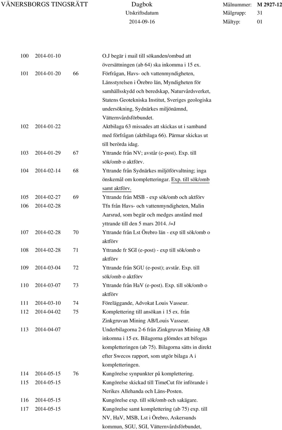 undersökning, Sydnärkes miljönämnd, Vätternvårdsförbundet. 102 2014-01-22 Aktbilaga 63 missades att skickas ut i samband med förfrågan (aktbilaga 66). Pärmar skickas ut till berörda idag.