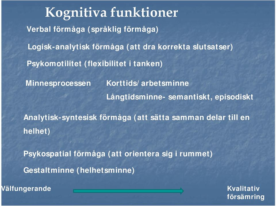 Långtidsminne- semantiskt, episodiskt Analytisk-syntesisk förmåga (att sätta samman delar till en