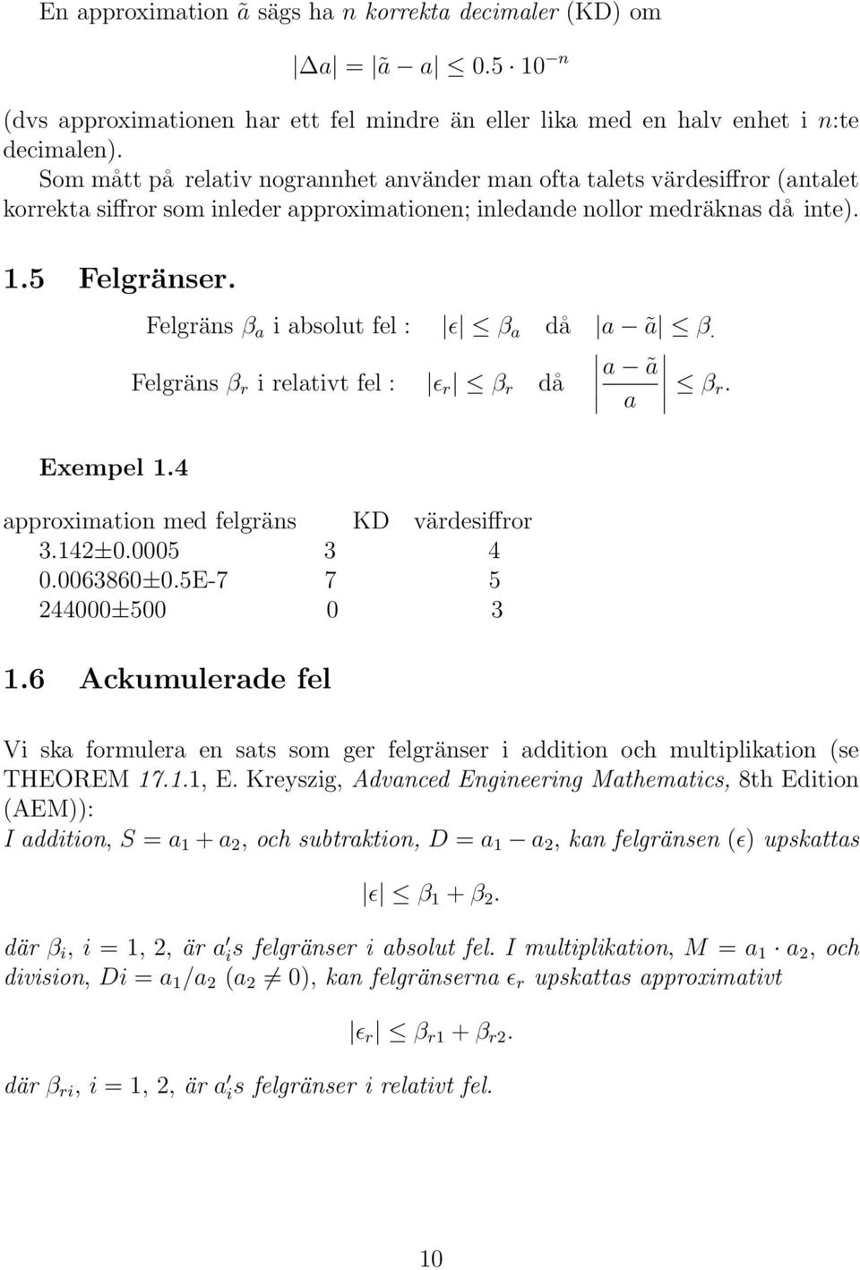 4 Felgräns β a i absolut fel : ɛ β a då a ã β. Felgräns β r i relativt fel : ɛ r β r då a ã a β r. approximation med felgräns KD värdesiffror 3.142±0.0005 3 4 0.0063860±0.5E-7 7 5 244000±500 0 3 1.