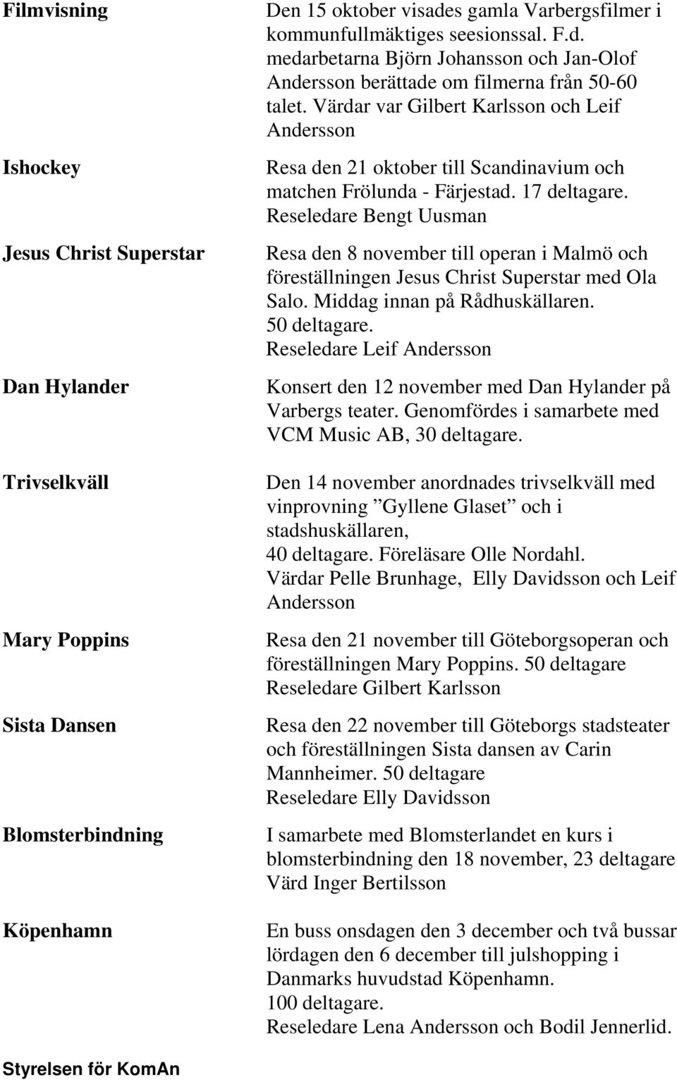 Värdar var Gilbert Karlsson och Leif Andersson Resa den 21 oktober till Scandinavium och matchen Frölunda - Färjestad. 17 deltagare.