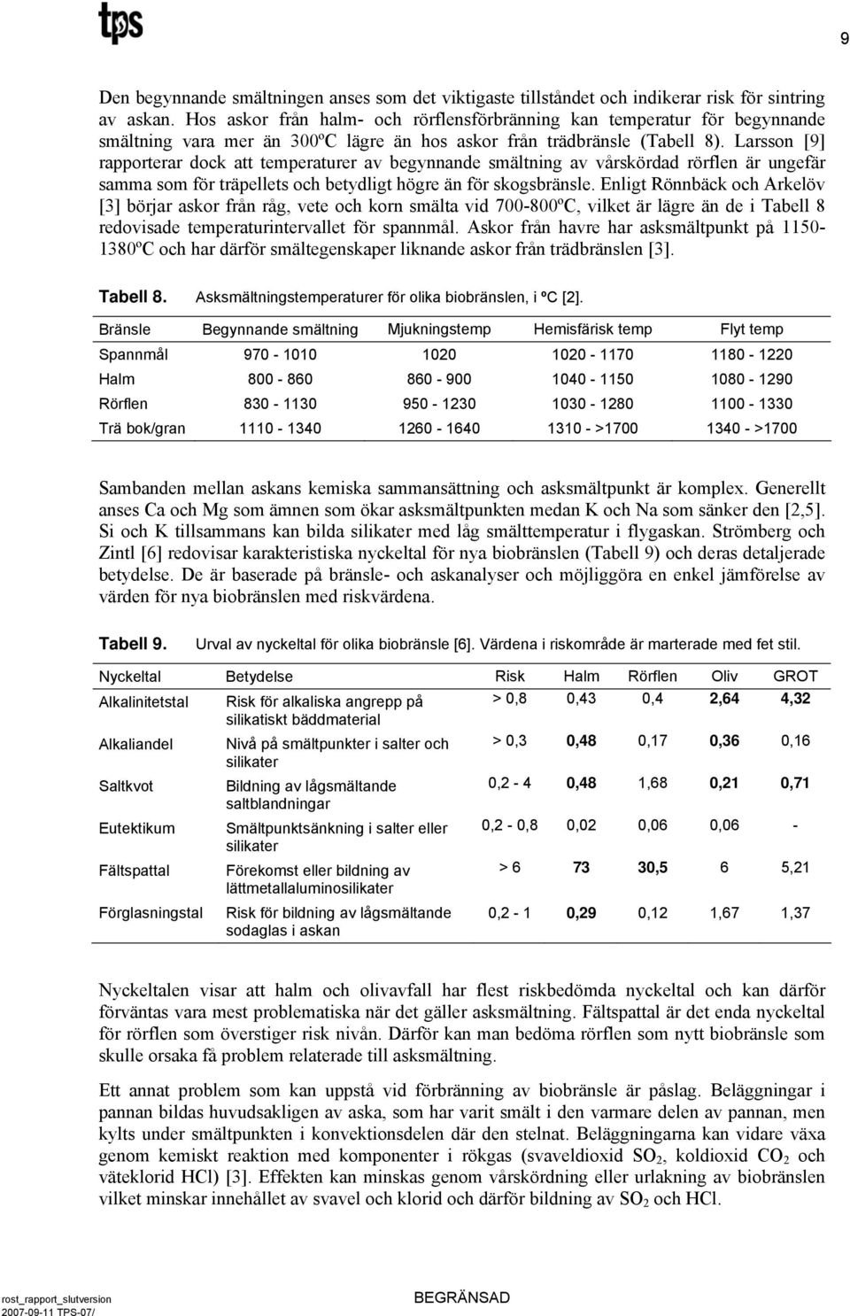 Larsson [9] rapporterar dock att temperaturer av begynnande smältning av vårskördad rörflen är ungefär samma som för träpellets och betydligt högre än för skogsbränsle.