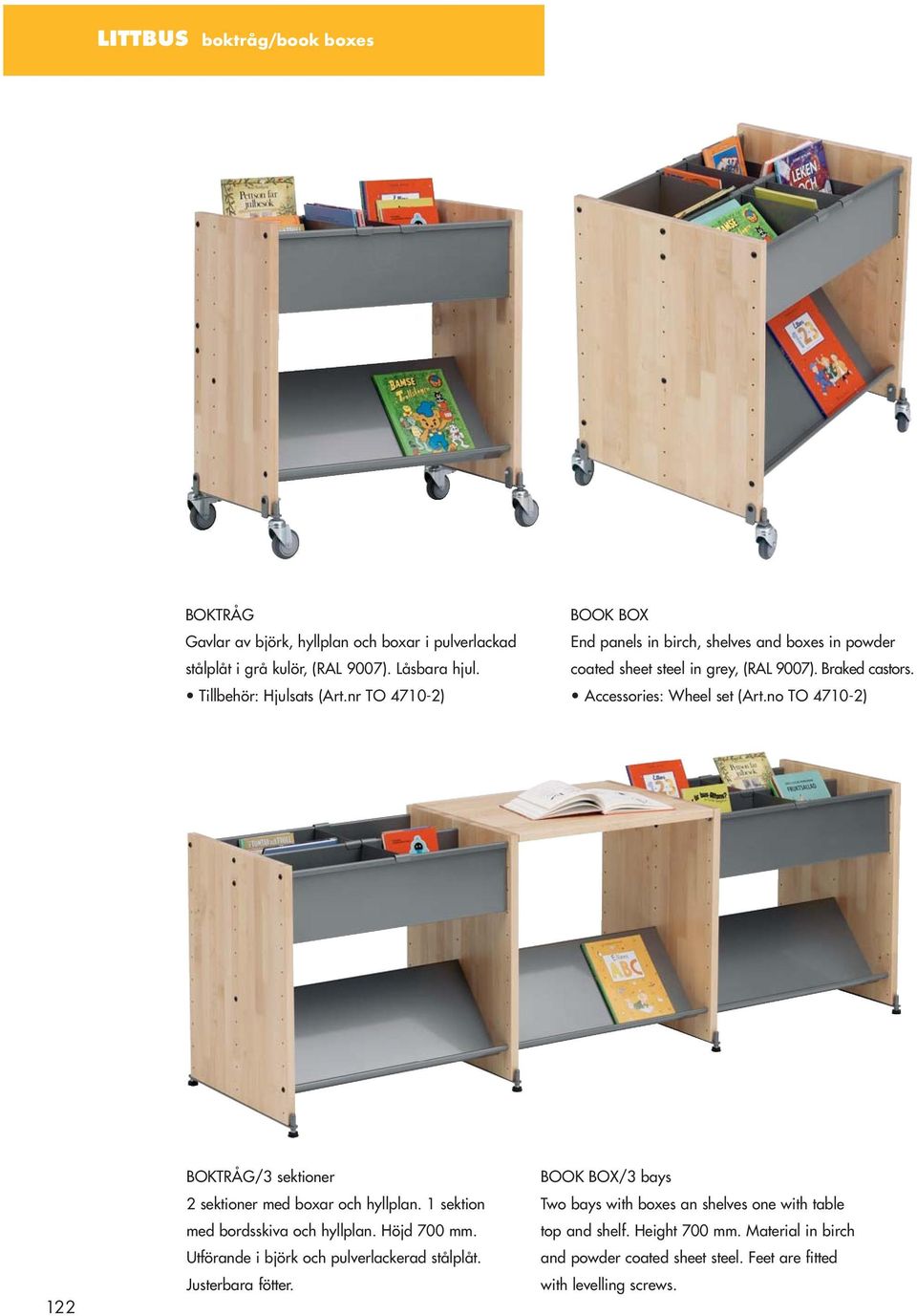 no TO 4710-2) 122 BOKTRÅG/3 sektioner 2 sektioner med boxar och hyllplan. 1 sektion med bordsskiva och hyllplan. Höjd 700 mm. Utförande i björk och pulverlackerad stålplåt.