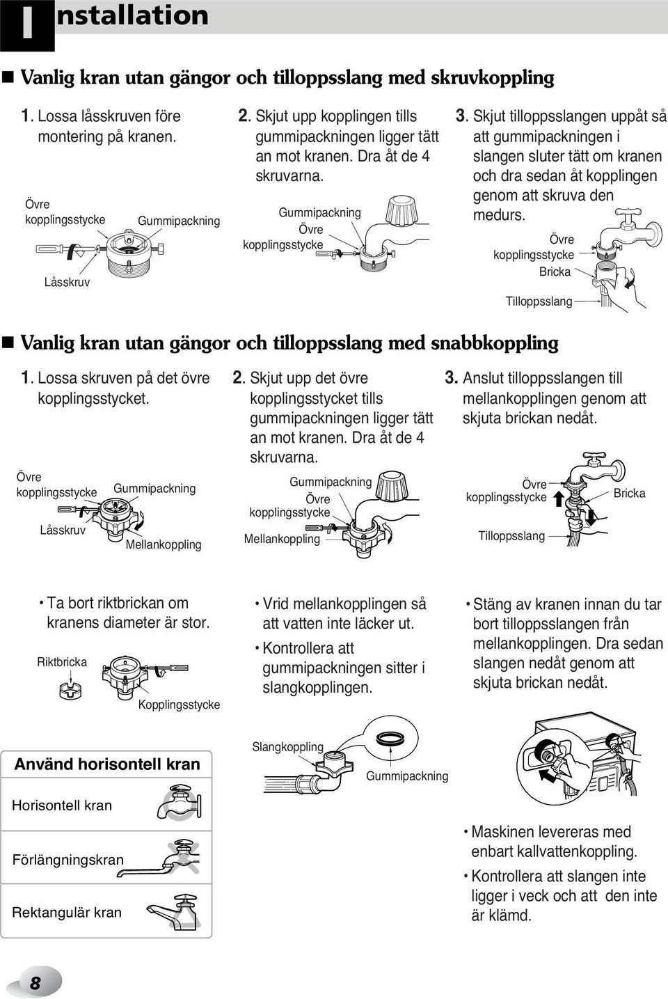 Skjut tilloppsslangen uppåt så att gummipackningen i slangen sluter tätt om kranen och dra sedan åt kopplingen genom att skruva den medurs.