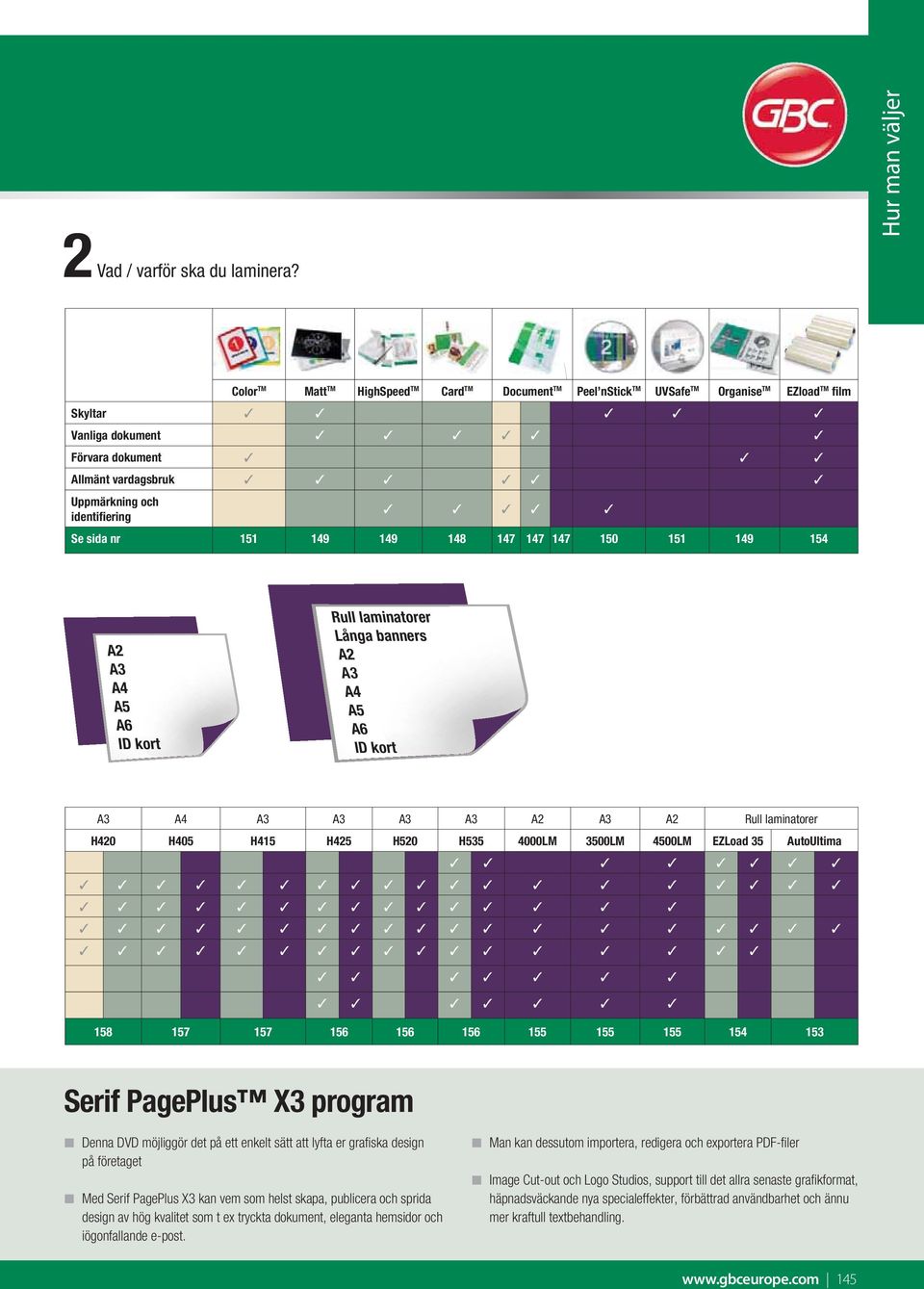 sida nr 151 149 149 148 147 147 147 150 151 149 154 A2 A4 A5 A6 ID kort Rull laminatorer Långa banners A2 A4 A5 A6 ID kort A4 A2 A2 Rull laminatorer H420 H405 H415 H425 H520 H535 4000LM 3500LM 4500LM