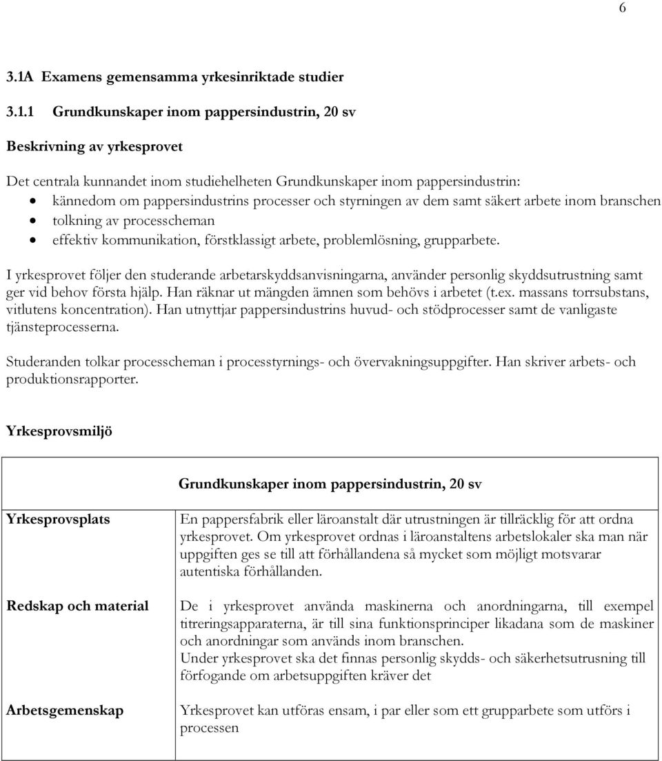 1 Grundkunskaper inom pappersindustrin, 20 sv Beskrivning av yrkesprovet Det centrala kunnandet inom studiehelheten Grundkunskaper inom pappersindustrin: kännedom om pappersindustrins processer och