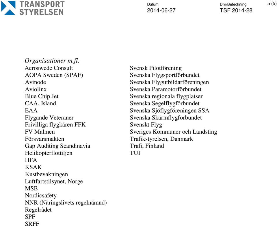 Scandinavia Helikopterflottiljen HFA KSAK Kustbevakningen Luftfartstilsynet, Norge MSB Nordicsafety NNR (Näringslivets regelnämnd) Regelrådet SPF SRFF Svensk